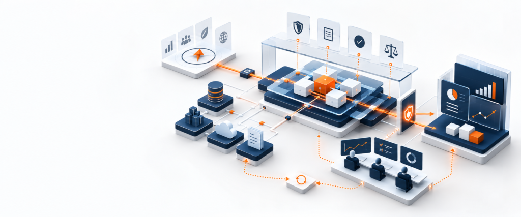 Enterprise AI operating model connecting strategy, architecture, governance, engineering, human oversight and measurable outcomes